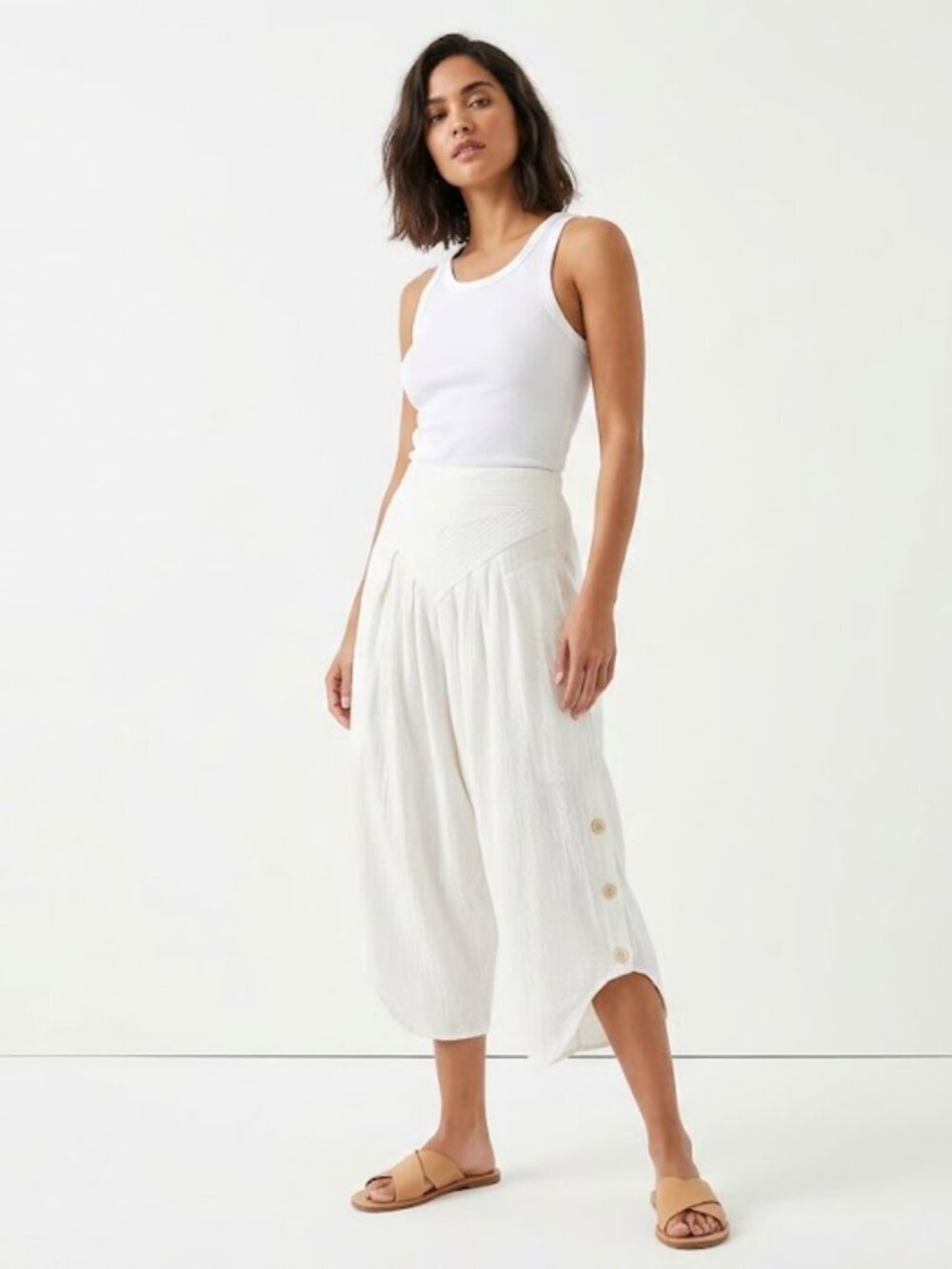 Boutique Cream Wide-Leg Harem Textured Cotton Rayon Blend Pants S